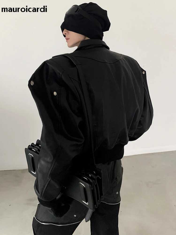 Mauroicardi Spring Autumn Cool Handsome Short Oversized Black Pu Leather Jacket Men with Shoulder Pads Long Sleeve Zipper 2023 W251023