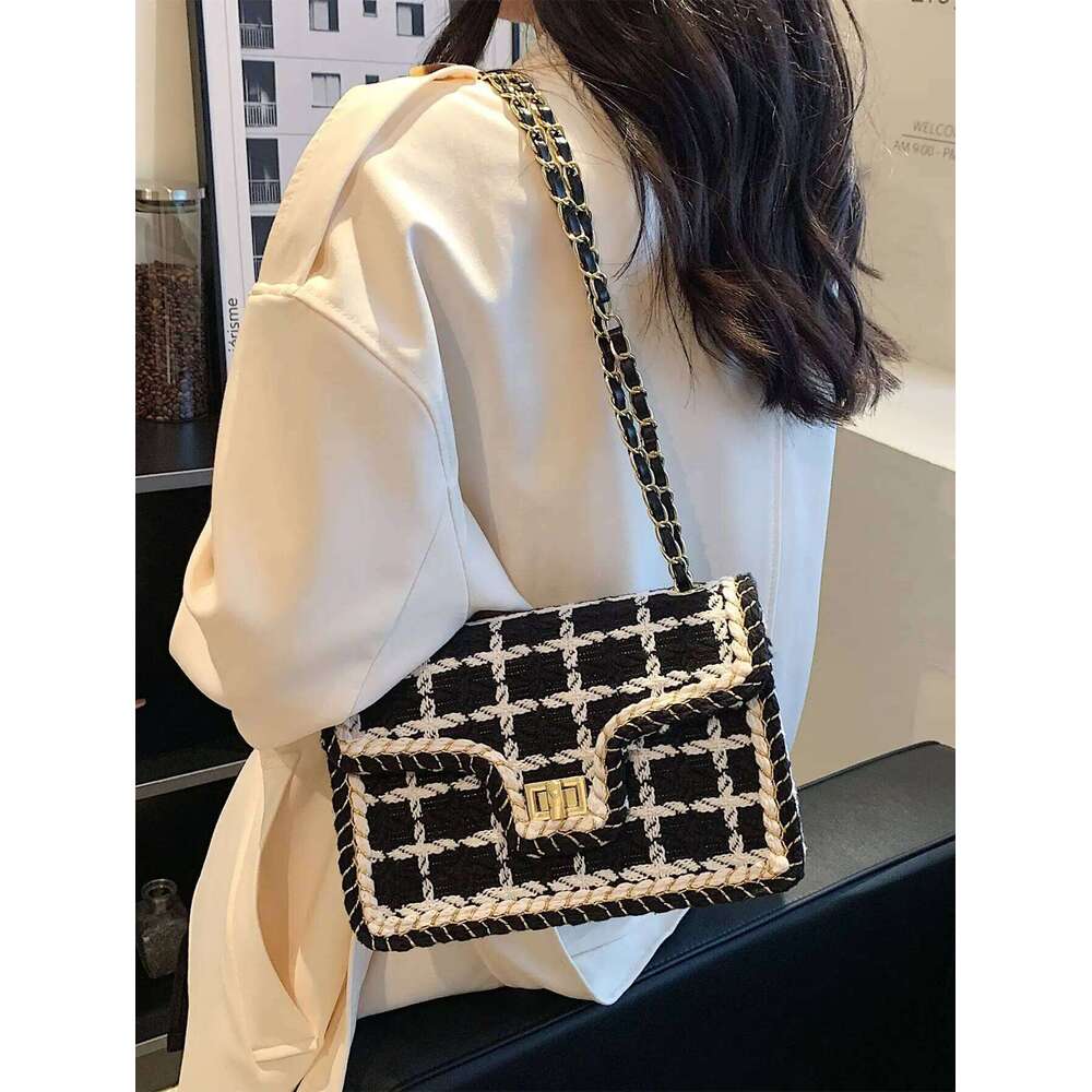 Black & White Plaid Casual Crossbody Handbag Women's Shoulder Bags Handbags With Top Handle Fashion Square Bag