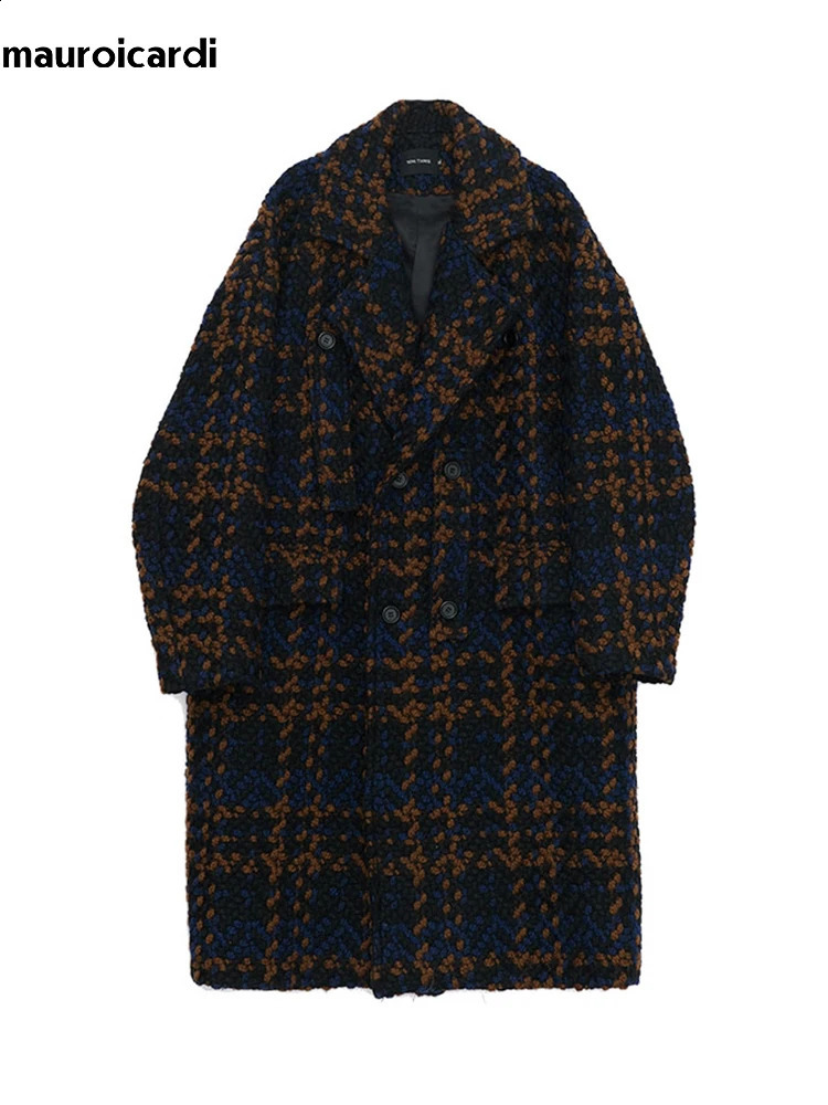 Mauroicardi Autumn Winter Long Loose Stylish Cool Thick Warm Plaid Tweed Woolen Coat Men Double Breasted European Fashion 251023