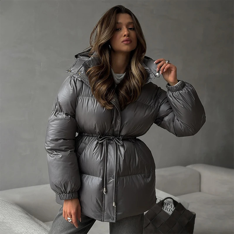 Womens Hooded Down Jacket Drawstring Waist Warm Parker Coat Solid Pocket Zipper Outwear Winter Thicken Long Sleeves Coats 251021