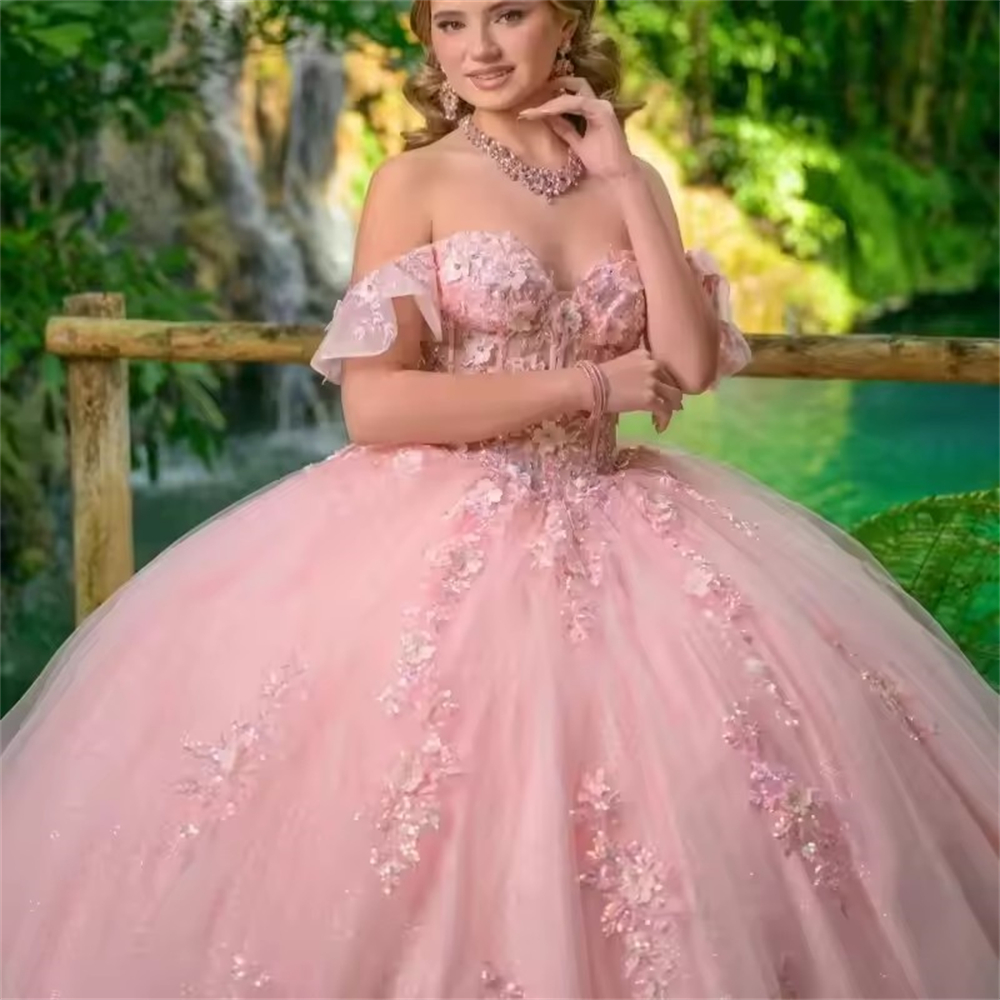 Ball Gown Quinceanera Dresses Pink Glittering Sexy V-Neck Off Shoulder Lace Plus Size Customized Princess Sweet 15 16 Birthday Party Gowns Vestidos De
