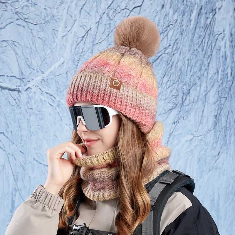 Winter Lady Warm Hat Scarf Twopiece Set Fece Thicke Gradual Change Color Knitted Skiing Hat Fashion Plover Hat for WenW251023