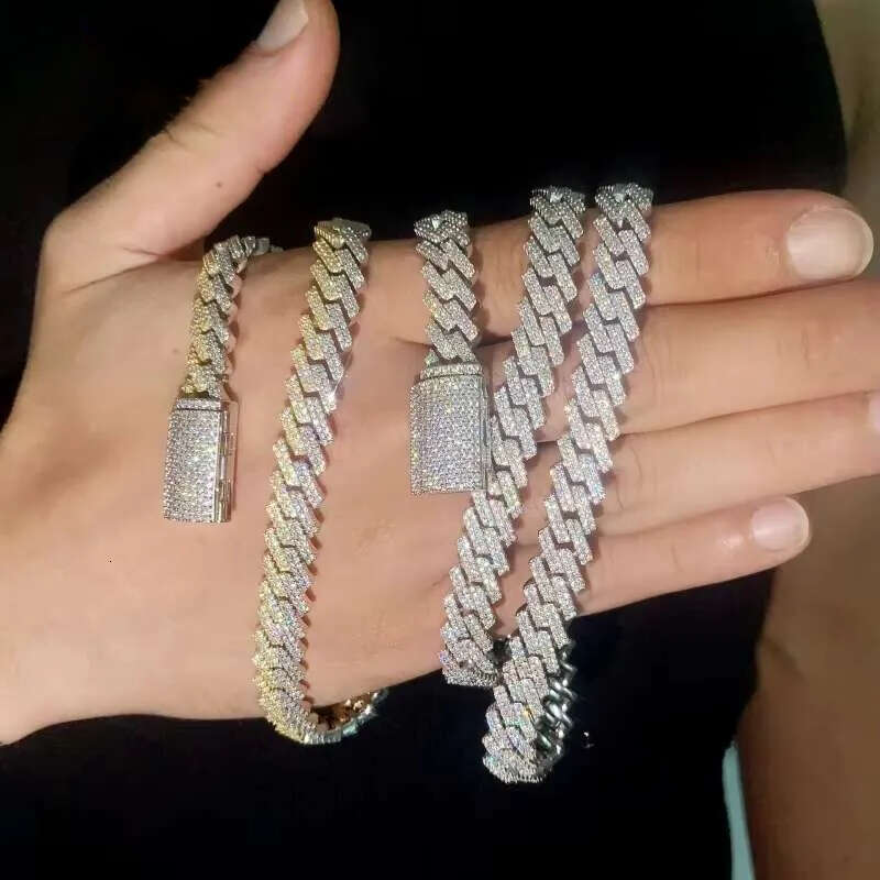 Hot Selling Iced Out S Sier Men 10MM Width Gold Plated Moissanite Cuban Link Bracelet Necklace