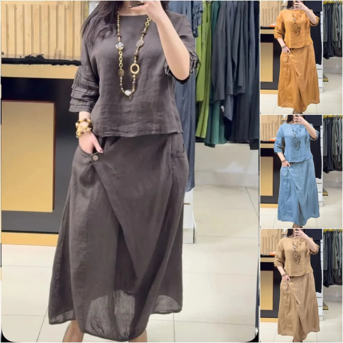 Spring Summer Womens Skirt Suit Pullover Top Oneck Irregular Long Simple Elegant Casual Solid Color 2piece Sets 251022