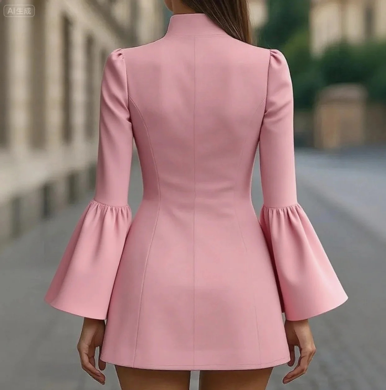 Autumn temperament slim solid colour standup collar flared sleeve singlebreasted suit dress 251022