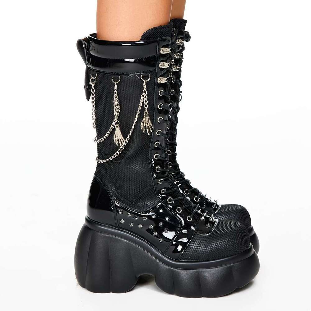 2025Fashion Studded Motorcycle Chunky Black Combat Ankle Booties With Chain Detail, Round Toe, High Heel, Faux Cover