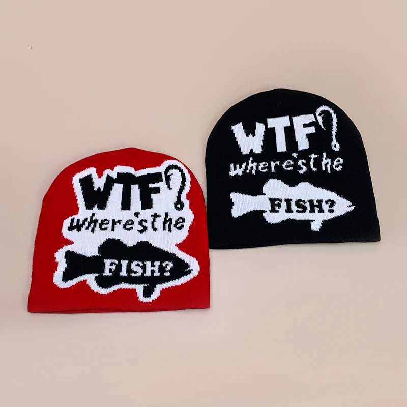 Street Funny Fish Letter Knitted Hats Autumn and Winter New Unisex Warm Versatile Hip Hop Color Block Fashion Personal BeaniesXJ251023