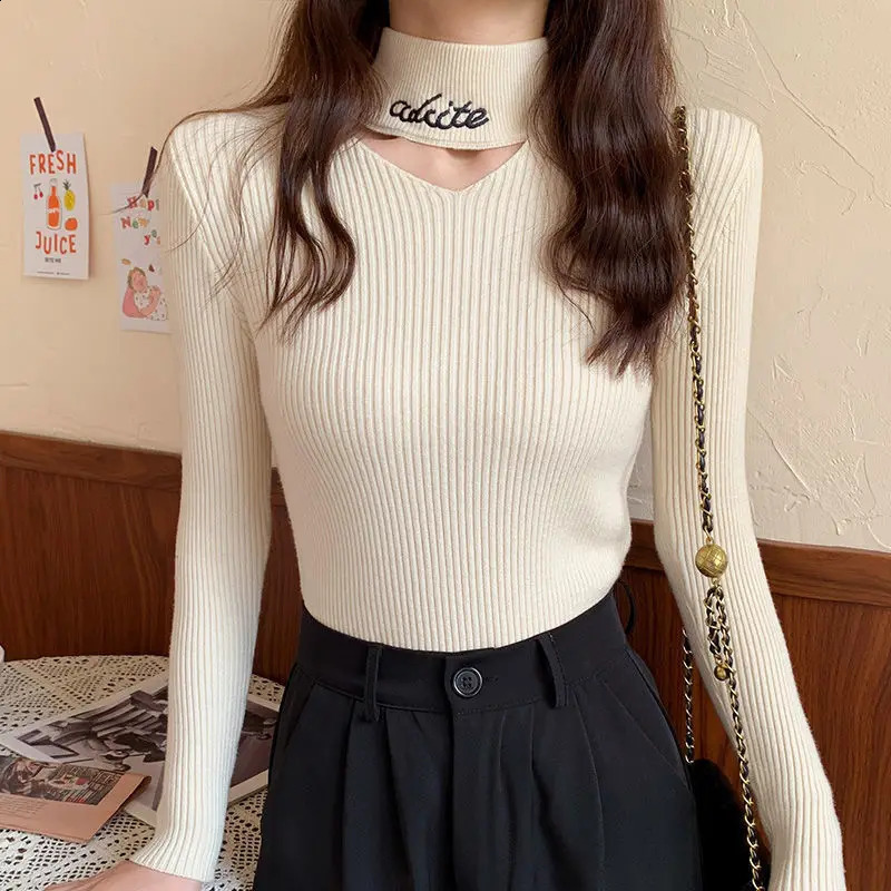 Sweet Letter Embroidery Sweater Knitted Solid Color Womens Clothing Casual Elegant Long Sleeve Autumn Winter Hollow Out Tops 251023