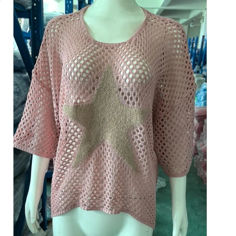 Fashion Women Star Pattern Mesh Hollow Out Fishnet Knit Beach CoverUp Pullovers FiveStar Round Neck Hollow Crochet Top 251023