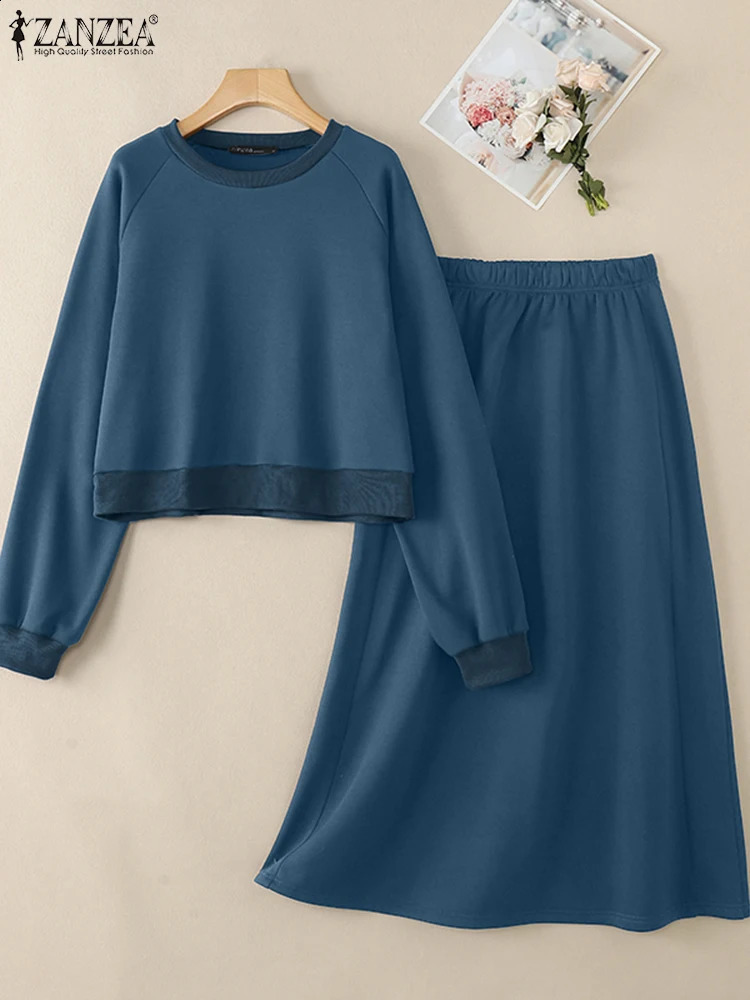 ZANZEA Fashion Women 2 Piece Outfit Autumn Long Sleeve Top Casual High Waist Skirt Sets Solid Dress Suits Tracksuits 251022
