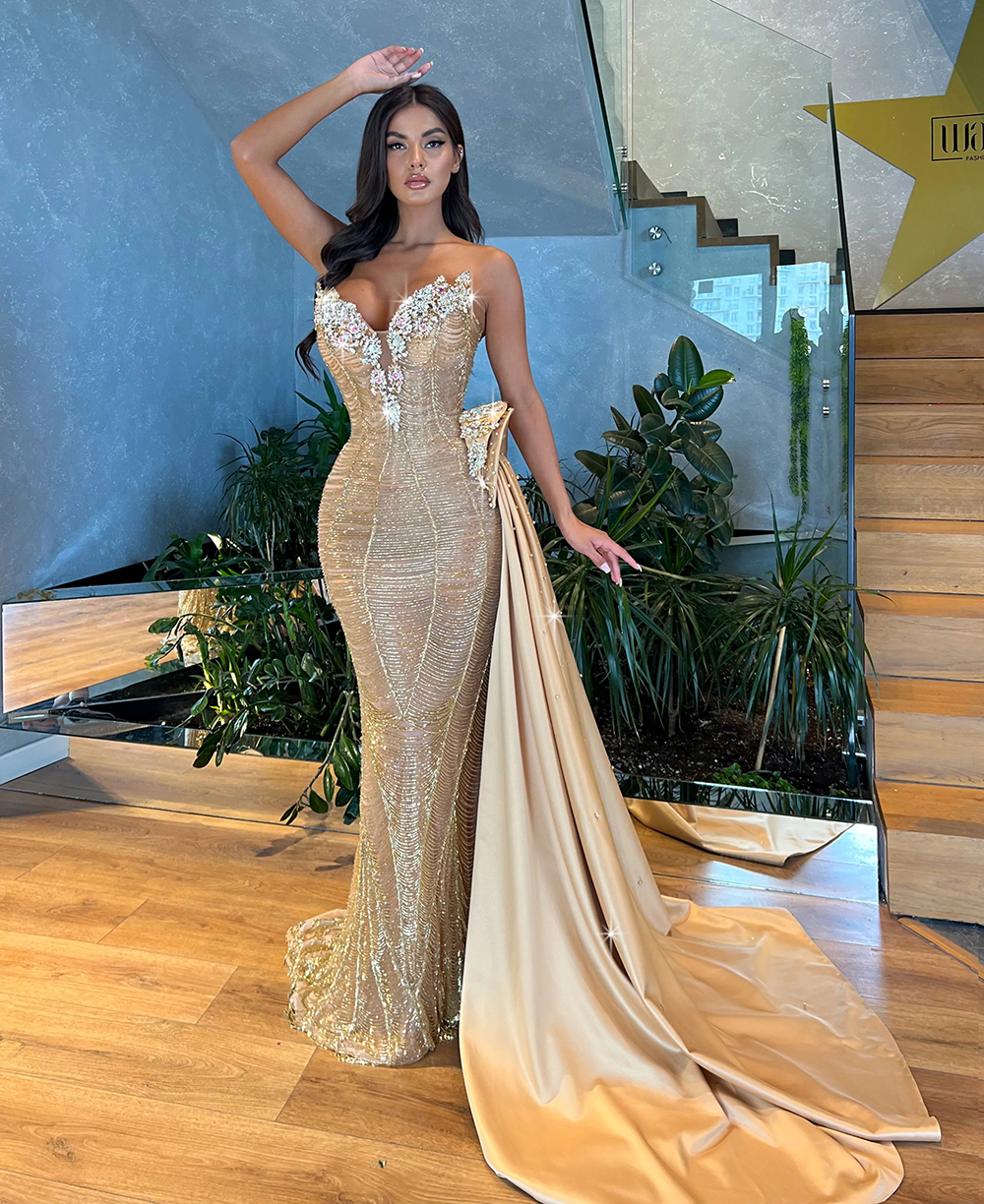 Exquisite Rhinestone Evening Dresses Strapless Prom Gown Detachable Train Crystal Mermaid Party Dress Sleeveless Customized Vestidos De Noche Plus Siz
