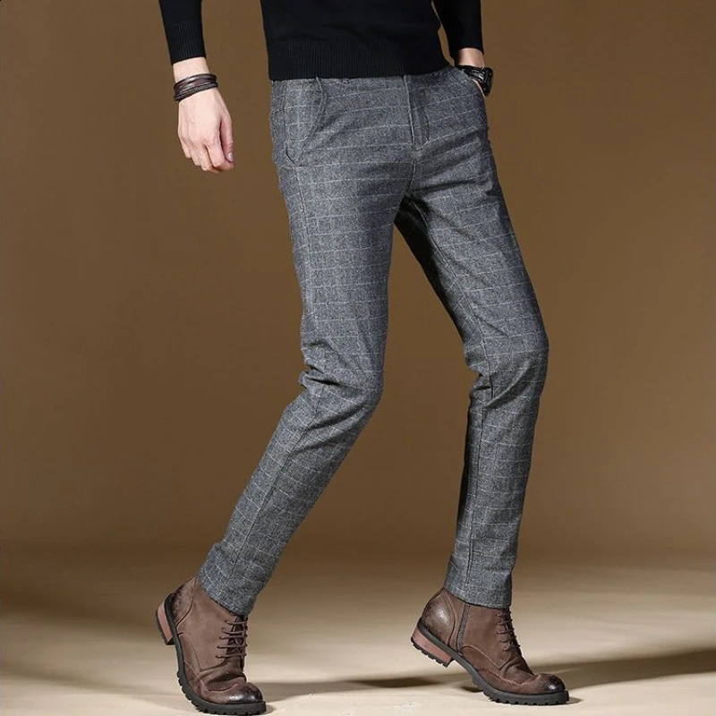 Male Suit Trousers Gray Plaid Check Straight Clothing Premium Mens Summer Pants Thin Casual Classic Slacks Dress Up 251023