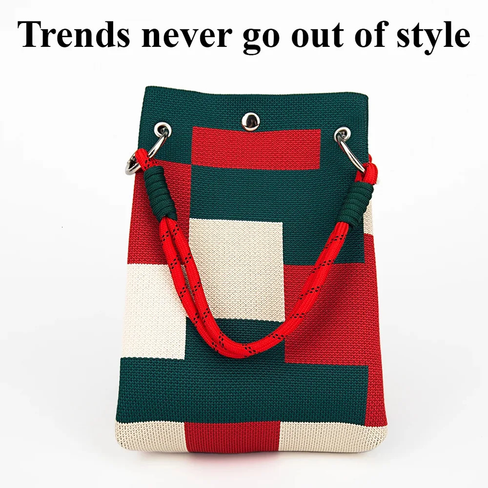 Ins Color Block Knit Tote Bag Bucket Storage with Adjustable Straps Metal Rings Snap Clre for Casual Travel 251018