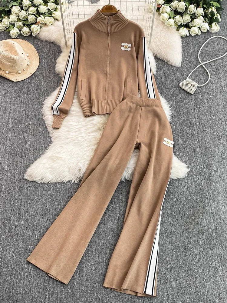 Casual College Sle Womens TwoPiece Set Long Sve Outerwear And High Waist Wide Leg Pants plus Size Sportswear 251022