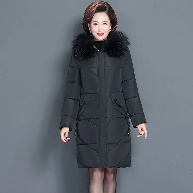 Middleaged mother Winter Coat Thicken Slim Cotton padded Jacket Windproof Loose Female Warm Fur collar Hooded Parkas Outwear 251021