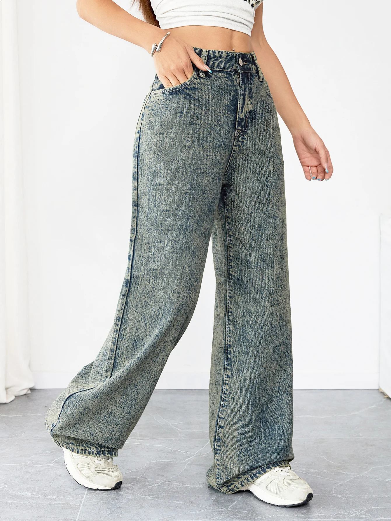 Loose Fit Wide Leg Denim Jeans for Women High Waist Casual Streetwear Vintage Style Comfortable Everyday Pants 251023