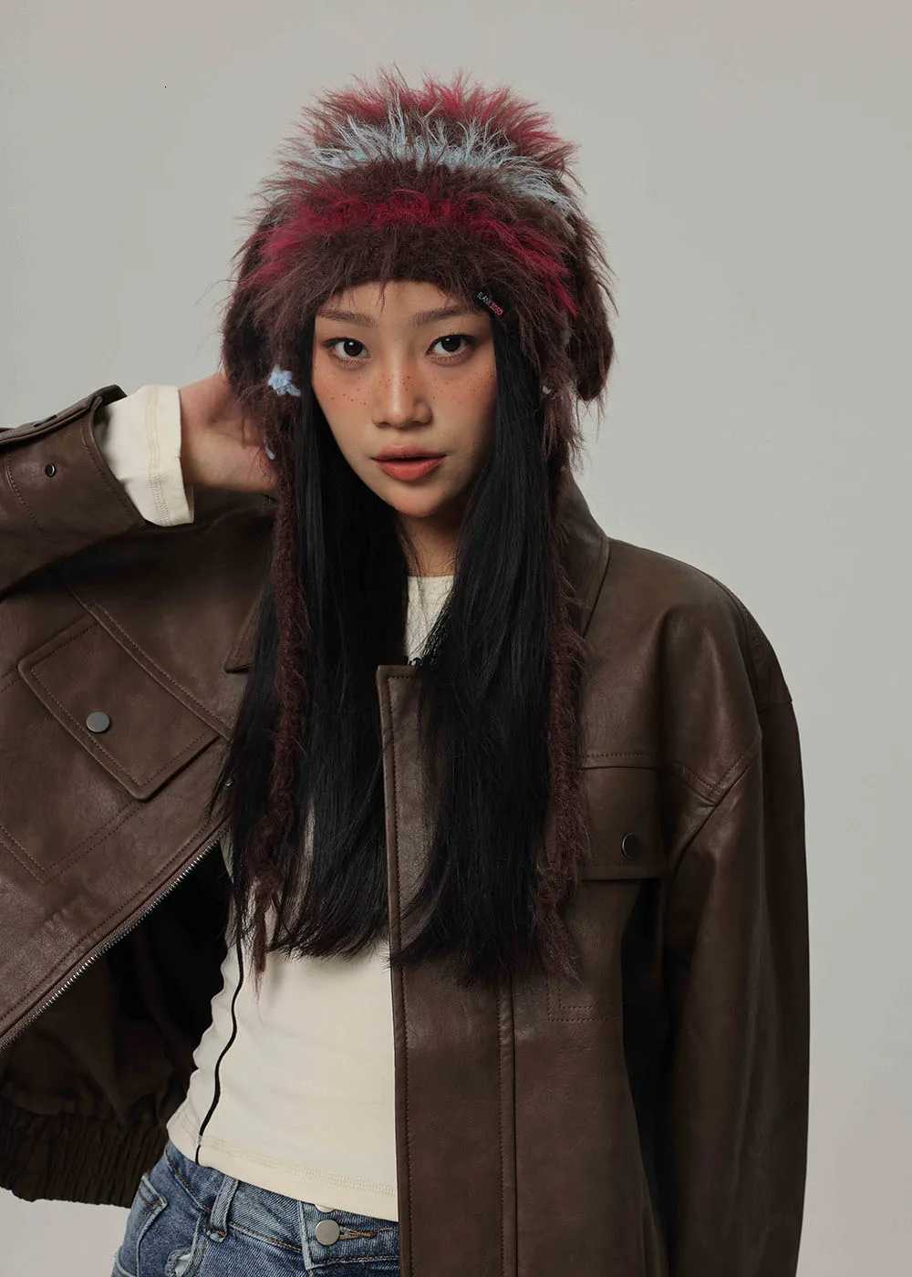 stripecony hair Hand hook hat FUR Wens Winter Thicke Warm Knitted Wool Cold Large Surround Hat with earflapsW251023