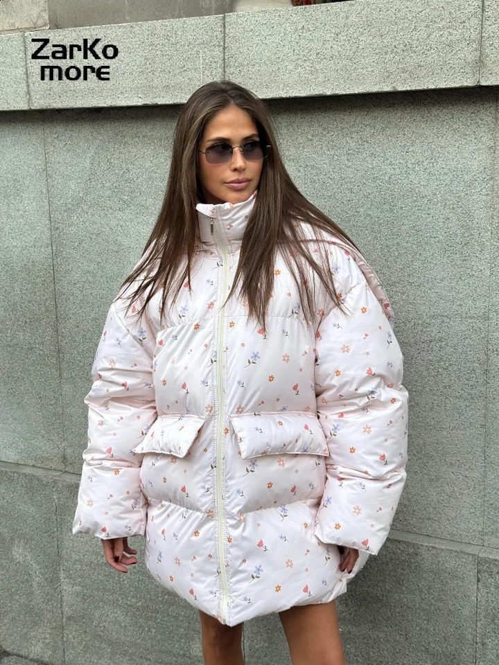 Fashion Printed Zipper Hooded Cotton Jacket Women Stand Collar Full Sleeve Loose Street Warm Coats Winter Lady Chic Outwear 251021
