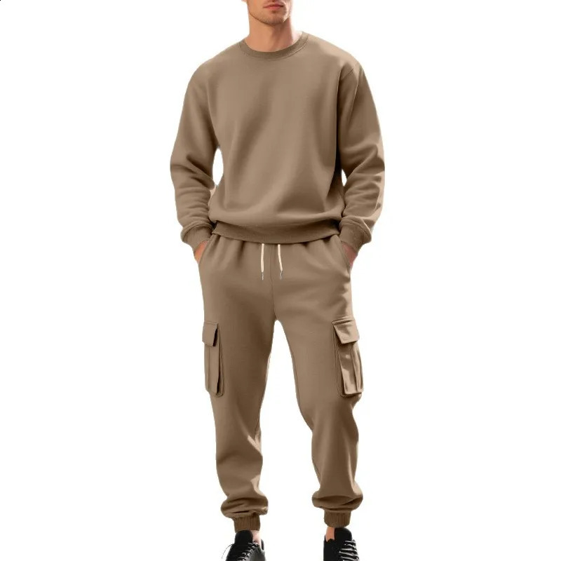 Mens Fleece RoundNeck Sweatshirt Set Loose Casual LongSleeved TwoPiece Autumn Winter Comfortable Cargo Pants 251023