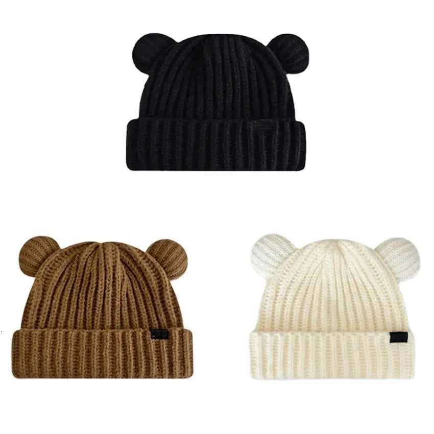 Unisex Winter Autumn Cute Cartoon Bear Ears Double Needle Craft Knitting Beanies Skull Hat Adult Child Outdoor Warm Cold Cap 206XJ251023