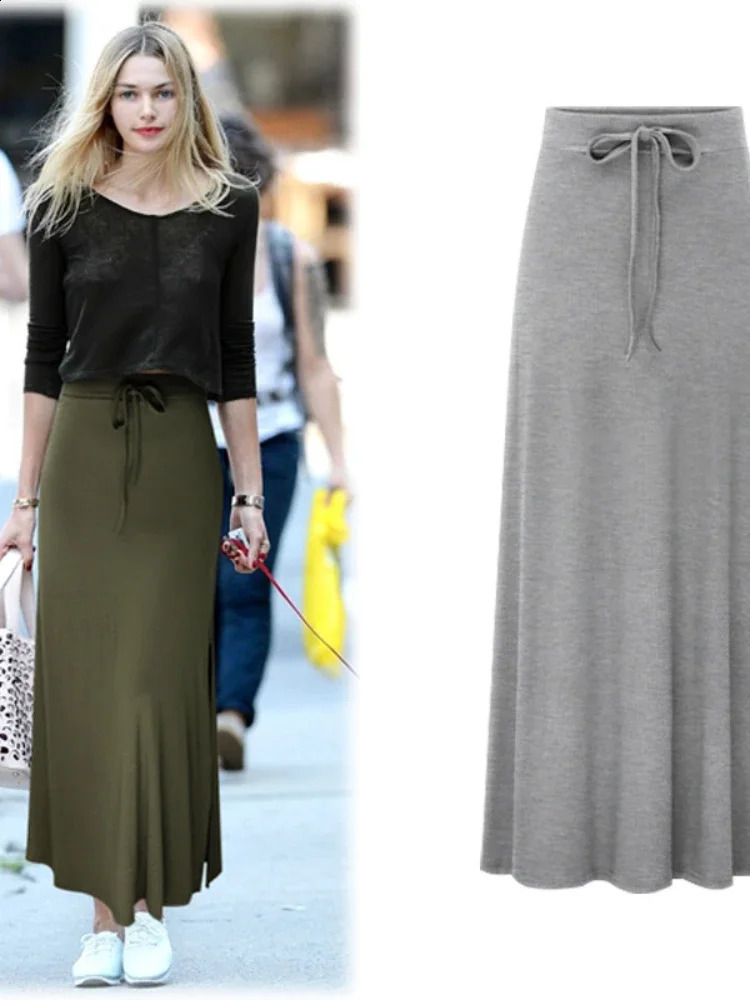 Plus Size Cotton Elastic Waist Aline Skirts Casual Autumn Mid Length Women Hip Slim Female Long Shed Bowknot 251022