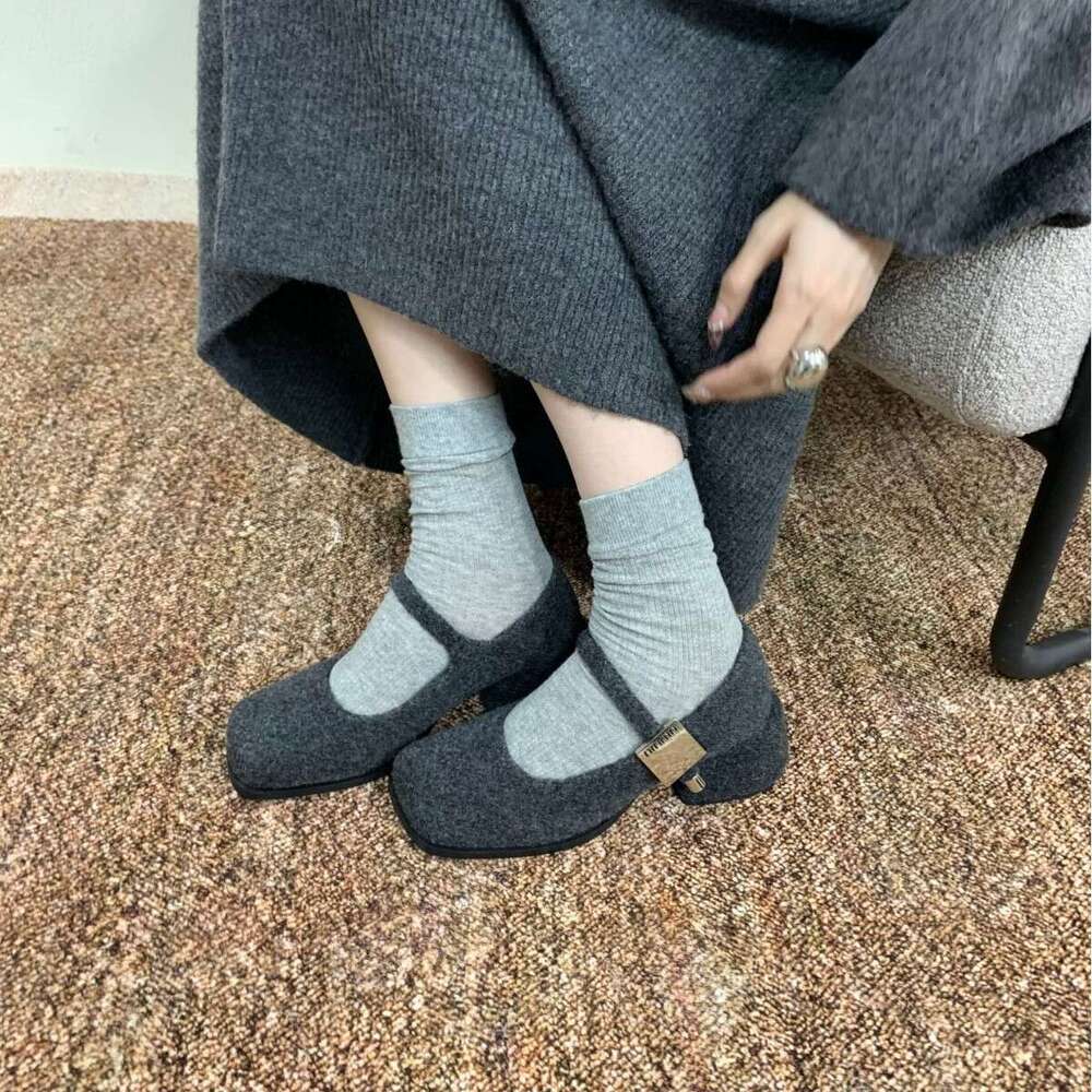 2025 Autumn Winter New Women's Thick Mid-Heel One-Strap Buckle Lamb Wool Square Toe Fleece-Lined Mary Jane Shoes Warm Stylish Designer