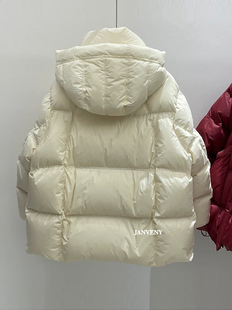 Janveny Winter Thickened Puffer Down Jacket Women Warm Hooded Medium Length Loose Solid Color 90 White Duck Coat 251022