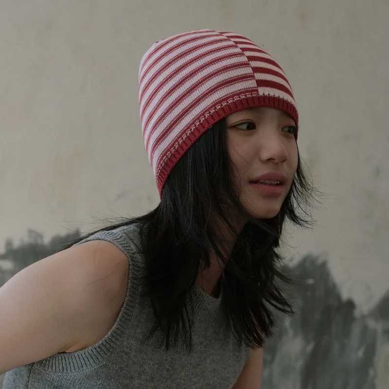 Korean Version Design Asymmetrical Striped Soft Knit Hat Women Chic SweetSpicy Vibe Beanies Female Wool Blend Hat Autumn WinterXJ251023