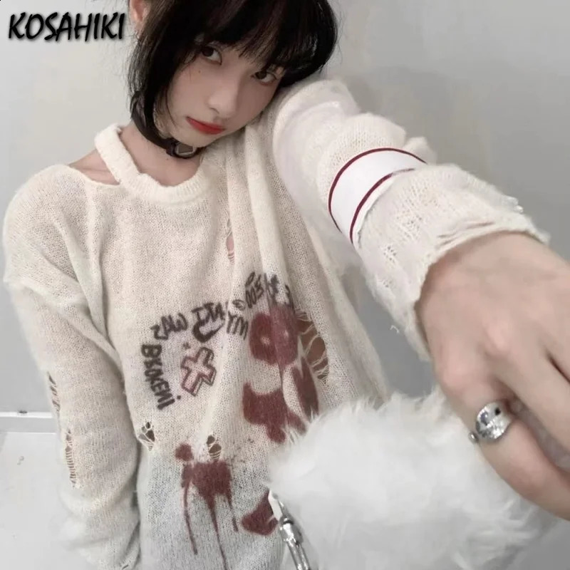 KOSAHIKI Punk Thin Ripped Hole Sweater Women Hollow Out Y2k Knitted Pullover Spring Casual Loose Tops Harajuku Print Jumper 251023