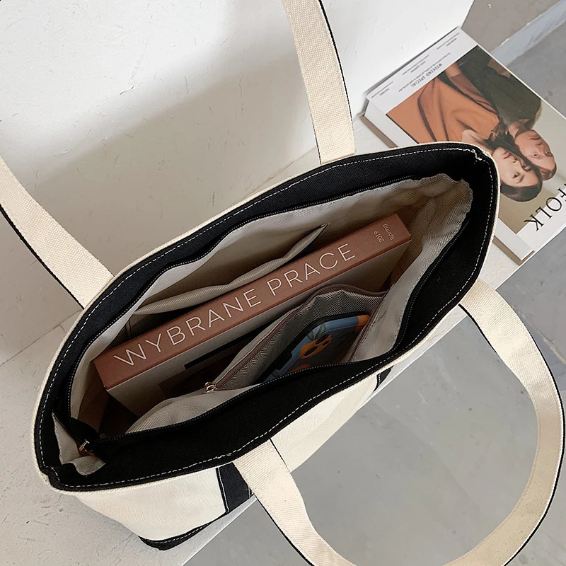 Simple Canvas Bag Womens Handbag Zipper Shoulder Fashion Striped Strap Large Capacity Ladies Square Tote Shopping 251014