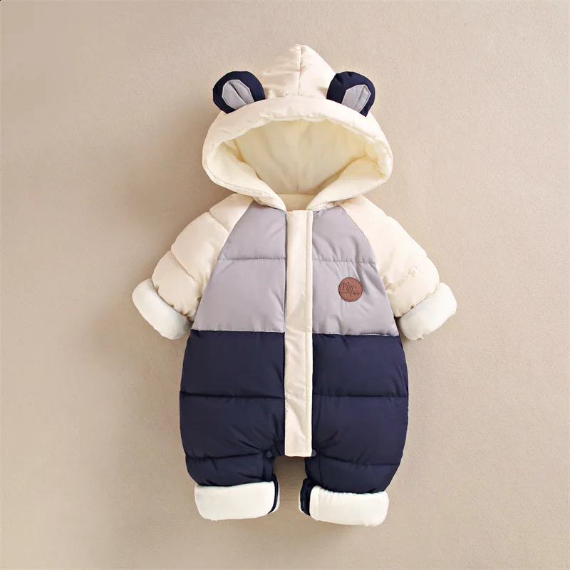 Winter Baby Rompers Boys Girls Patchwork Thick Plus Velvet Jumpsuits Windproof Hooded Overalls Snowsuit One Piece Bodysuit 251023