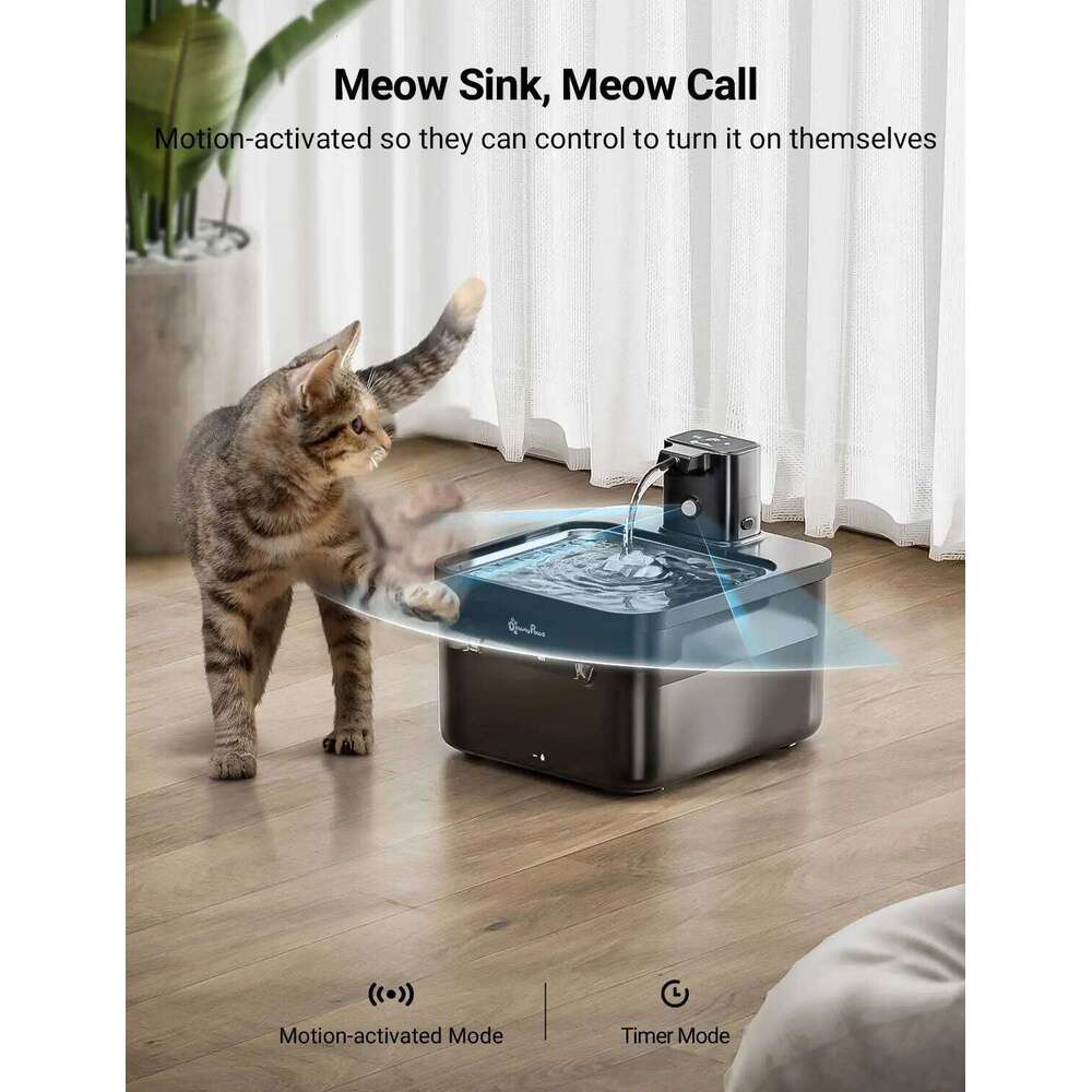 designer brand DownyPaws L Automatic Stainless Steel Cat Water Fountain mAh Wireless Pet Drinker Battery Sensor in Dispenser