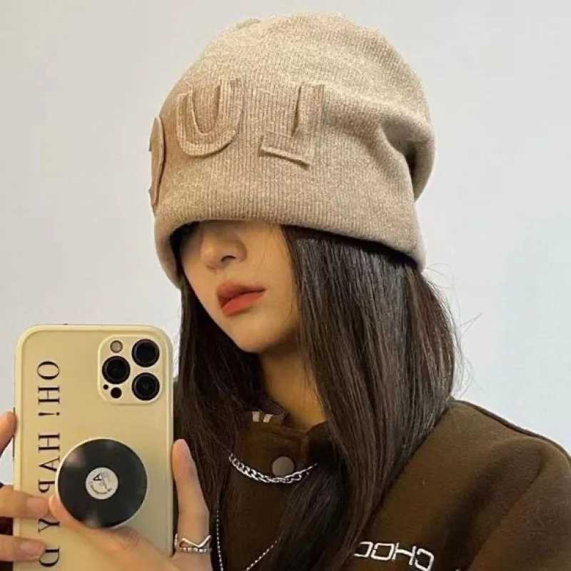 LUCK 3D Letter Autumn Winter Warm Versatile Slouchy Beanie for Women Korean Style Unique Cold Hat Trendy Fashion Knitted HatXJ251023