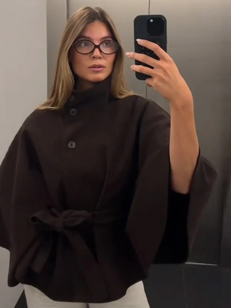 Elegant Lace Up Loose Fit Cape Coat Womens Autumn Winter Oversized High Neck Belted Wrap Jacket Fashion Warm Outerwear Outfit 251016