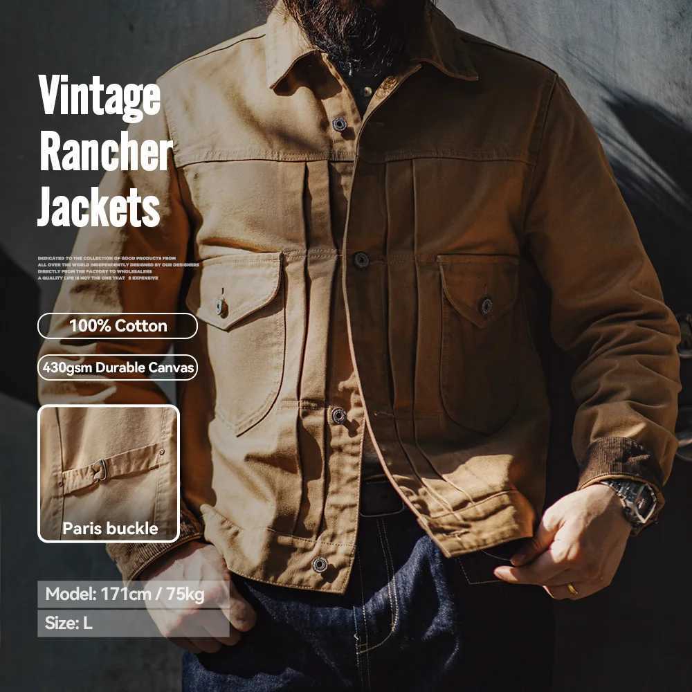 Maden Vintage Heavyweight Canvas Rancher Jackets with Collar Back Paris Button Design Denim Jacket for Men Fall Pocket Outerwear Z251023