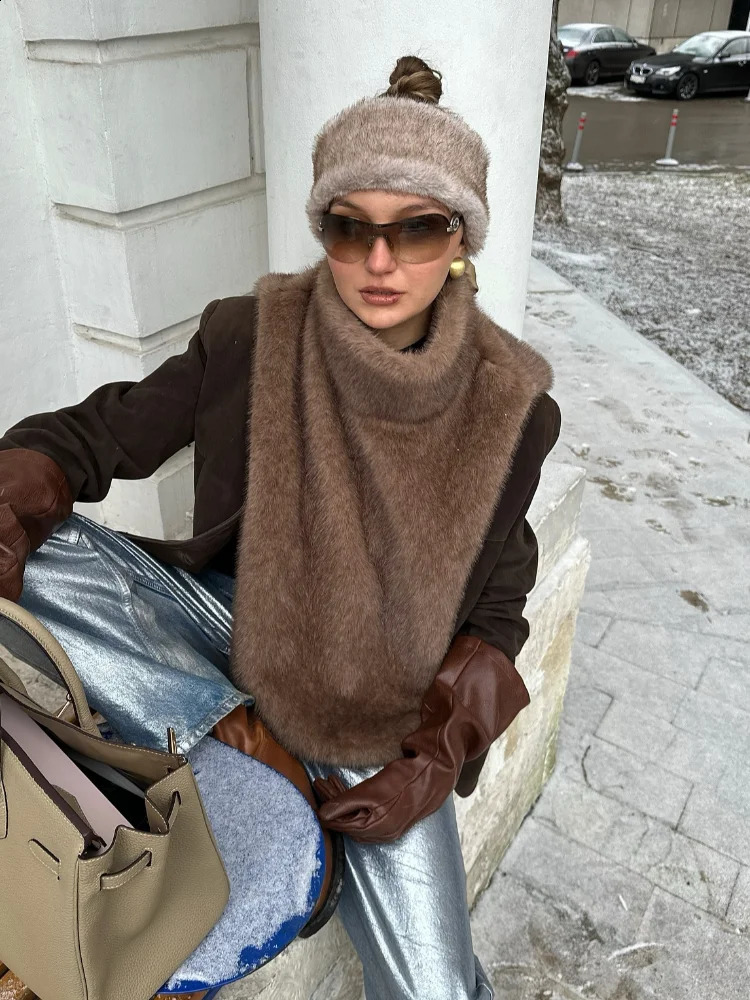 Women Solid Stand Collar Faux Fur Vest Chic High Sleeveless Loose Short Waistcoat Casual Lady Daily Street Vests 251021