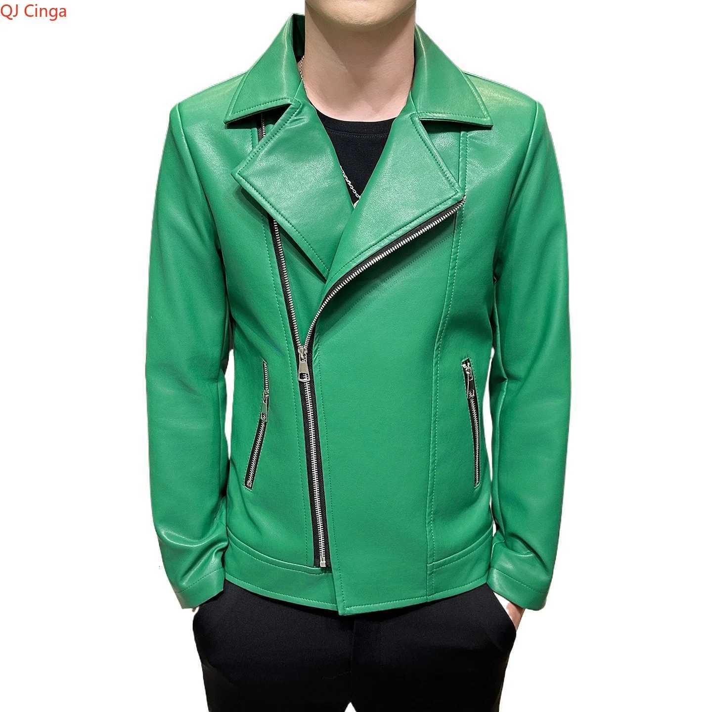 Autumn Mens Green Lapel PU Jacket Black Faux Leather Motorcycle Coats CoffeeBrown Casual Top Asian Sizes Fit Slim Cut W251023