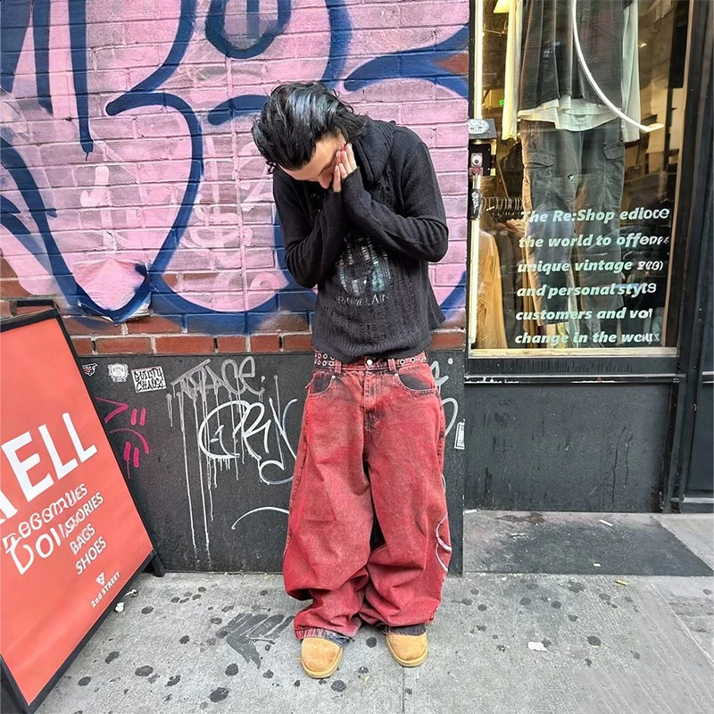 Y2K Casual Loose Jeans Vintage Letter Print Rivet Waist Belt n Red High Wide Leg Men Women Hip Hop Streetwear 251018