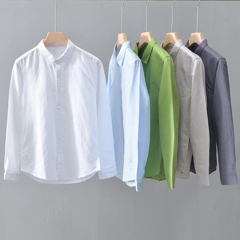 Green Cotton Linen Casual Shirts For Men Basic Classic Long Sleeve Turndown Collar Breathable Clothing 251016