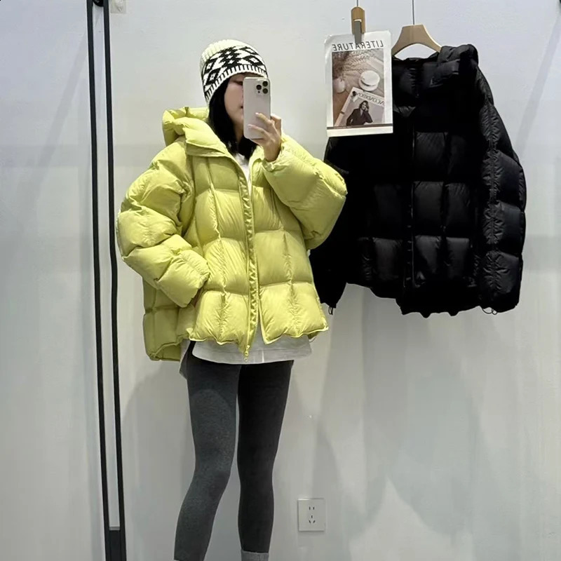 Schinteon Women Light White Down Jacket with Hood Loose Over Size Casual Autumn Winter Outwear Square Warm Short Coat 251022