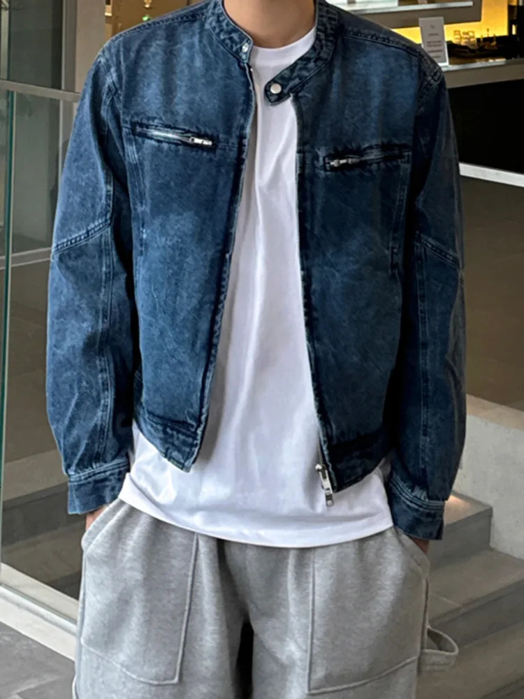 SYUHGFA Korean High Street Mens Denim Jackets Stand Collar Zipper Loose Solid Color Male Short Coats 2024 Autumn 251017