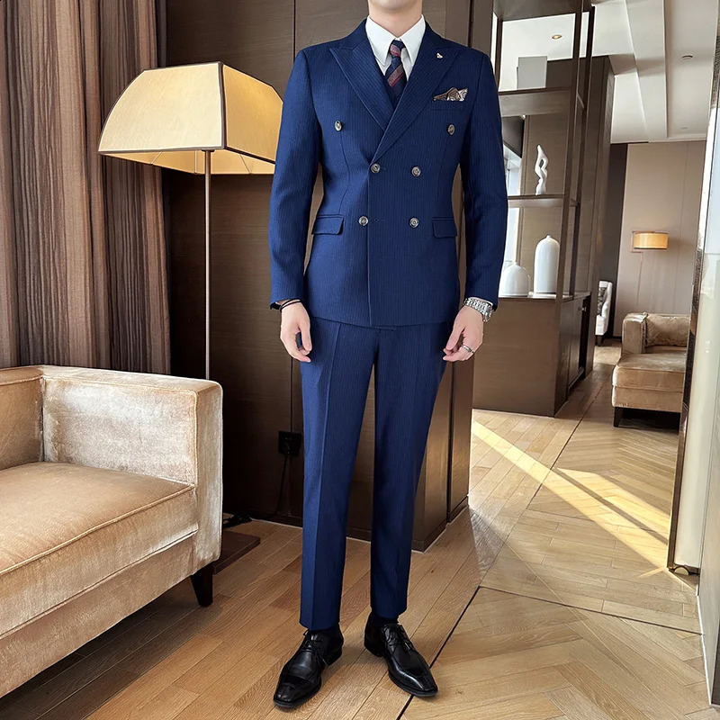 Mens Double Breasted 32 Piece Business Casual Wedding Dress Suit with Trousers Regular Fit Bridegroom High Sense 251023