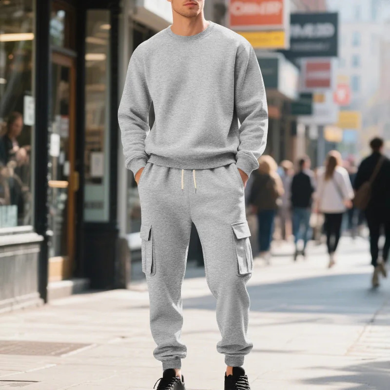 Mens Fleece RoundNeck Sweatshirt Set Loose Casual LongSleeved TwoPiece Autumn Winter Comfortable Cargo Pants 251023