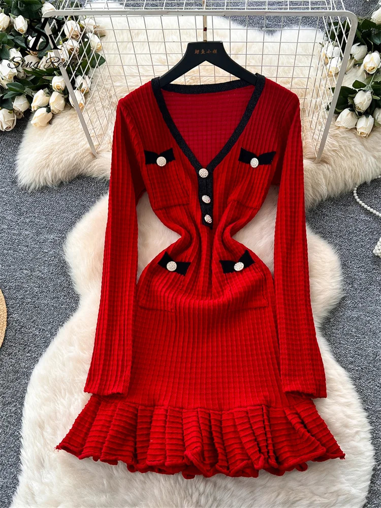 SINGREINY Chic Color Block Midi Dress Women V Neck Buttons Elastic Skinny n High Quality Knitting Sweater Ruffles 251022