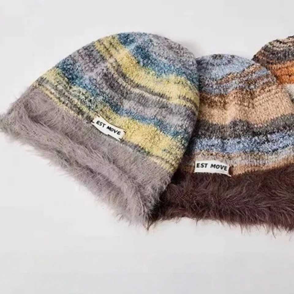 1PC Furry Knitted Beanie Hat Warm Striped Winter Cap Trendy Casual Headwear For Women Cross Border Fashion AccessoryXJ251023
