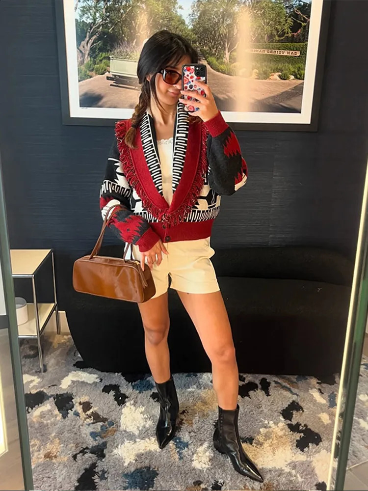 Tassel Patchwork Printed Cardigan Women Turndown Collar Long Sleeve Knitted Fashion Lady Sweater Vintage Autumn Cardigans 251022