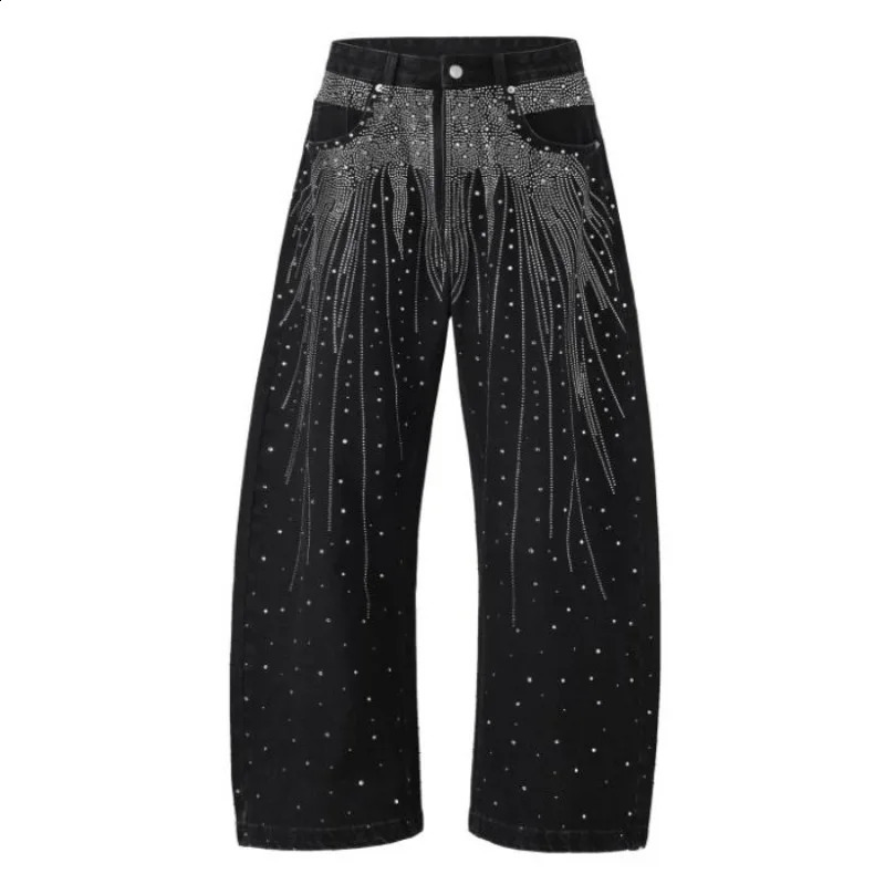 Autumn Winter High Street Denim Pants Mens Retro Full Diamond Stamping Hiphop Loose Straight Leg Wide Streetwear Jeans 251018