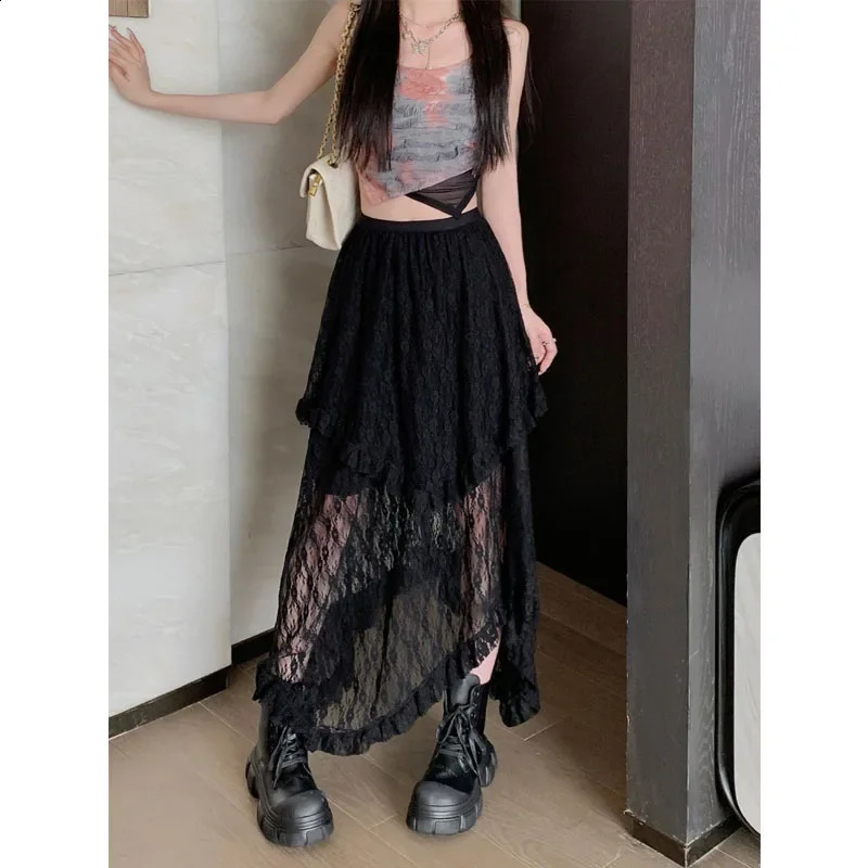 Deeptwon White Lace Asymmetrical Skirt Women Fairycore Sweet Vintage Mid Irregular Skirt Korean Style Aesthetic Ruffle Skirts 251013