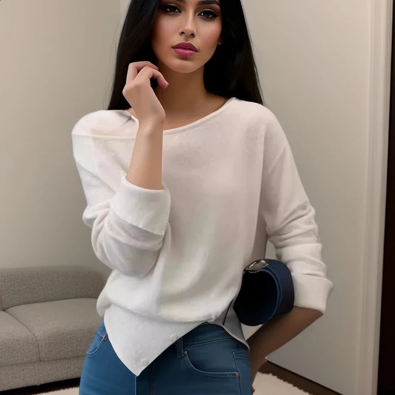 Autumn Winter Off Shoulder Sweater Fashion Salsh Neck Long Sleeved Sweater Elegant Hem Buttonup Knitwear Korean Knit Pullover 251023