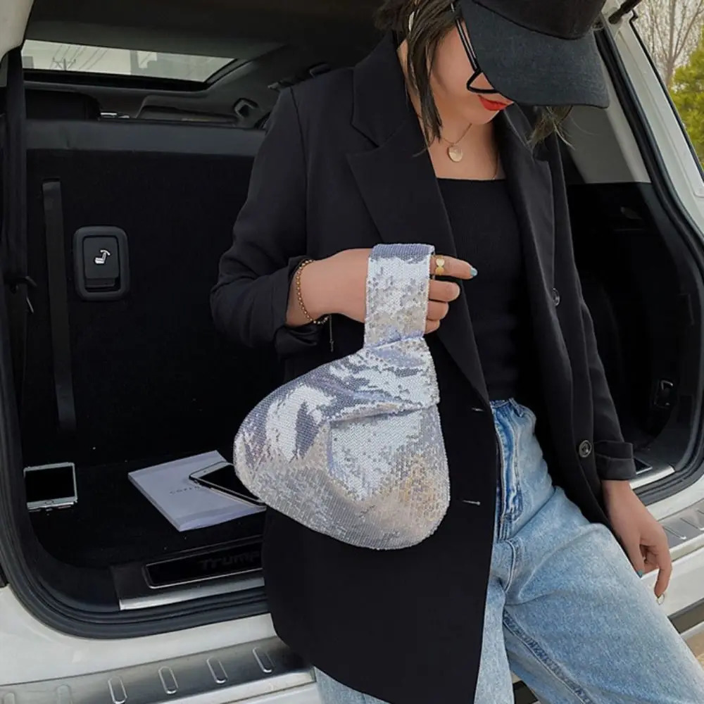 Solid Color Knot Wrist Bag Casual Korean Style Glitter Tote Bucket Year Gift Sequin Handbag Ladies 251018